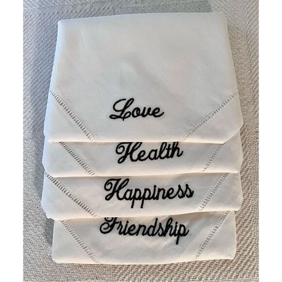 Set of 4 Hemstitched Linen Black Embroidered Hand Towels/Napkins - Picture 2 of 3